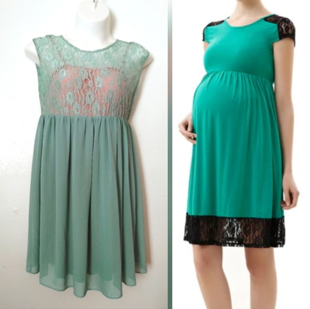 Momo maternity Lace Chiffon Skater Dress Women's Size L Sage